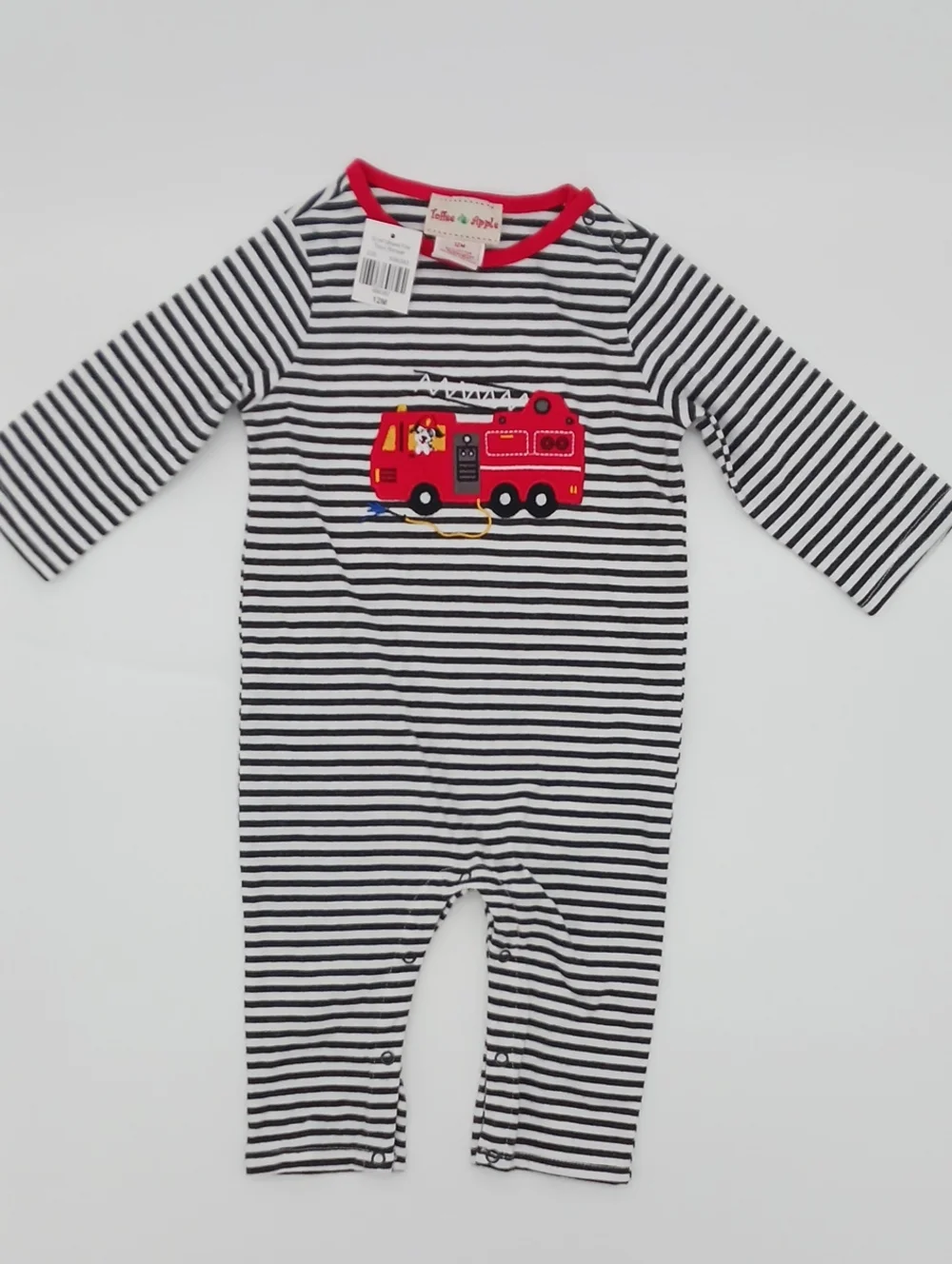 Toffee Apple Baby Black & White Striped Firetruck Snap-Up Romper (12M) - NWT